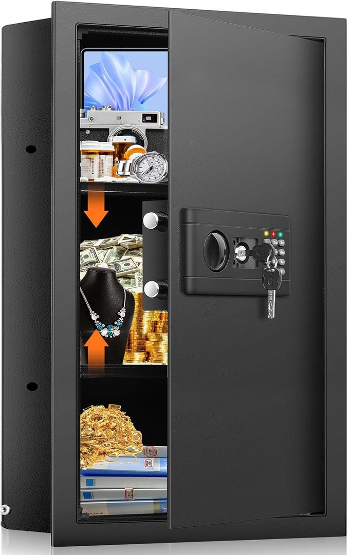 25.6" Tall Fireproof Wall Safes Between the Studs 16" Centers, Hidden Wall Safe with 2 Removable Shelf & Hidden Tray, Heavy Duty Wall Mount Safe for Money, Jewelry, Passport, Valuables (Black)