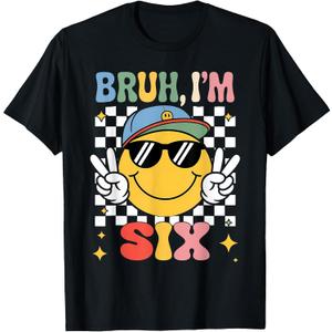 Bruh I'm Six 6 6th Birthday Groovy Boys Girls 6 Years Old T-Shirt (Black)
