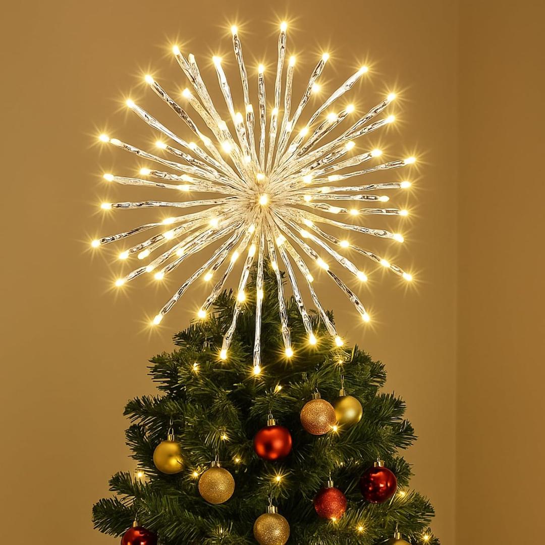 WILLBOND 3 Pcs Christmas Tree Starburst Topper Christmas Starburst Light Set, Hanging Ground Dual-use Firework Star Lights with 80 Leds Waterproof Light Ball with Plug Hook for Xmas Holiday Yard Decor