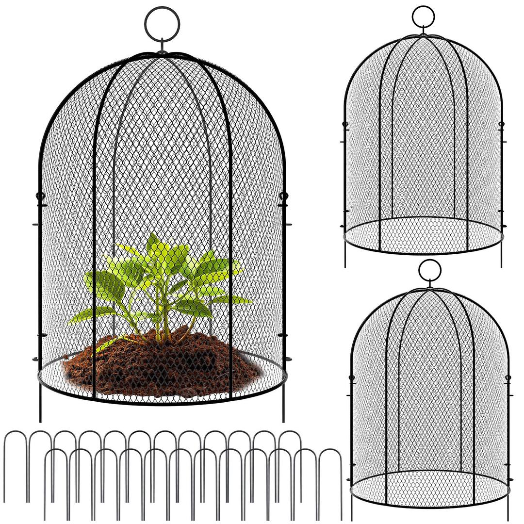 Novabright 2 Pack Garden Cloches for Plants 12" x 16" with Stakes & Zip Ties, Plant Covers from Animals Large Metal Mesh Chicken Wire Cloche Plant Protector Cage for Vegetable Garden Outdoor (Black)