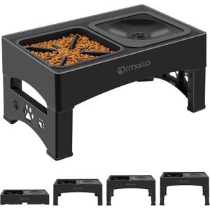 Elevated Slow Feeder Dog Bowls, Adjustable Raised Dog Bowl with No-Spill Water Bowl, Non-Slip Stand for Large, Medium, Small Dogs - 4 Heights: 3.7", 8.5", 10.1", 11.7" - Black