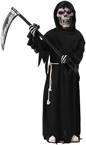 DNQCOS Boys Grim Reaper Halloween Costumes Kids Ghost Robe w/Glowing Red Eyes Mask and Sickle, XL