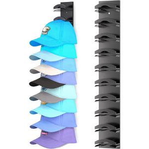 Hat Organizer for Baseball Caps, Hat Rack for Wall with Strong Adhesive Hold up to 10 Hats, Hat Hanger Holder Display for Door Closet, Cap Organizer Storage Multilayer Two Mounting Option (Black)