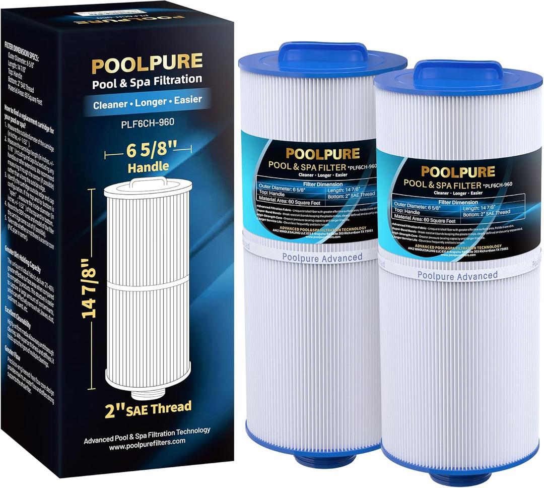POOLPURE J300 Spa Filter Replaces PJW60TL-F2S, Jacuzzi Filters J-300, J400, Unicel 6CH-960, Filbur FC-2800, 6540-476, 6540-383, Hot Tub Filter with Closed Handle (2 Pack)