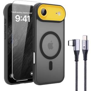 6 x 4 in 1 Magnetic for iPhone Air Case [with 1X Screen Protector, Braided Cable, Removable Lens Case] [Mil-Grade Drop Protection] Shockproof Slim Translucent Matte Protective Phone Case, Black