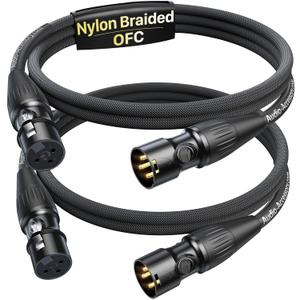 Short XLR Cables 3.3ft 2 Pack, Gold Plated 3-Pin Connectors from Rean-Neutrik Sub Brand, Kevlar-Reinforced Nylon Braided & OFC Shielded XLR Male to Female Balanced Microphone Cord for Mixer, Amp, DAC