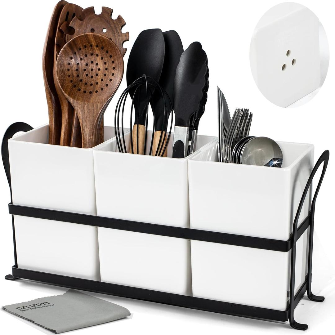 Large Kitchen Utensil Holder, Drainage Utensil Caddy for Countertop, 3pcs Bins Set Cooking Utensil Organizer for Spoons, Spatulas, White (Extra Large (14.5"D x 4.5"W x 7.25"H)