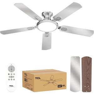 TCL 52" Low Profile Ceiling Fan with Light, Slim, Silver, Flush Mount, DC Reversible Motor, 6 Speeds, Remote Control, Noiseless, Dimmable, LED Light, 3CCT, Modern Ceiling Fan for Bedroom Living Room