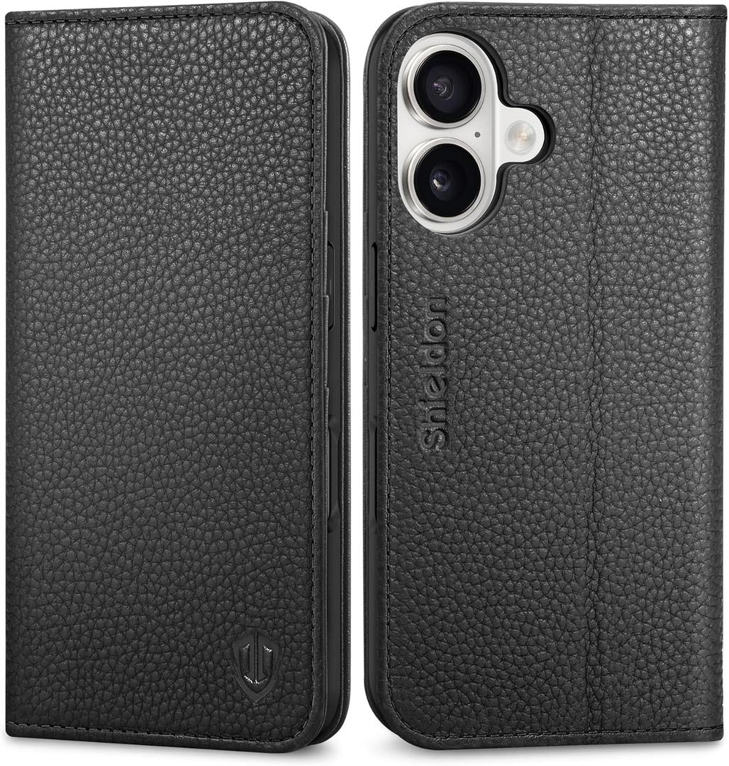 SHIELDON Case Wallet for iPhone 17 6.3 Inch 5G 2025 | Genuine Leather, Magnetic Closure, Kickstand, RFID Blocking Credit Card Holder, Foldable, Shockproof Phone Cover - Pebbled Black