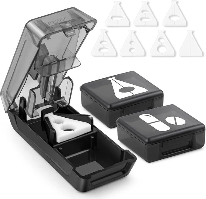 Fullicon Pill Cutter for Small or Large Pills, Pill Splitter with VShape Holder, Medicine Slicer with Sharp Blade,Tablet Splitter with Two Large Pill OrganizersBlack