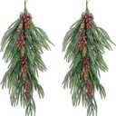 2 Pcs Artificial Christmas Teardrop Swag with Berries and Pinecones, Faux Berry Pine Branch Teardrop Door Swag, Real Touch Norfolk Wreath Greenery Staircase Swags for Xmas Door Mantle Fireplace Decor