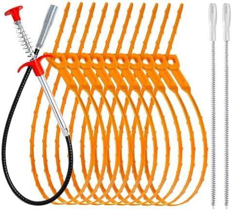 22.4inch Drain Snake (1pc), 25inch Hair Drain Clog Remover (10 pcs) & 18Inch Cleaner Brush (2 pcs), Sink Plumbing Snake Drain Tool Unclogger Tool Set For Kitchen, Bathroom Tub, Sewer, Toilet, Set of 2