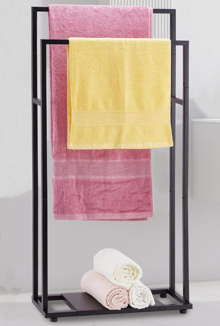 Standing Towel Racks for Bathroom, 39'' Tall 2 Tier Bathroom Towel Stand with Storage Shelves, Modern Standing Pool Drying Rack for Outdoor, Black Blanket Holder, ALHAKIN