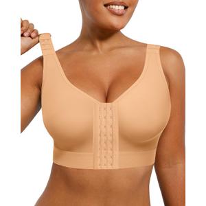 SHAPELLX Post Surgery Bras Front Closure Compression Bra Surgical Wirefree Mastectomy Bra with Adjustable Straps (Beige, XL)