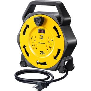 DEWENWILS Cord Reel with 4 Power Outlets, 2-USB Ports(3.4A Fast Charge), 25FT Retractable Extension Cord Reel, Heavy Duty SJTW 16/3 Cable, 13A Circuit Breaker, Hand Wind, UL Listed (Yellow+black Cord)