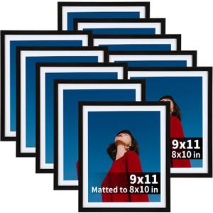 Lavezee 9x11 Black Picture Frame Set of 10, Bulk Collage Frames for Photos 8x10 with Mat or 9x11 without Mat, Table Top and Wall Mounting Decor