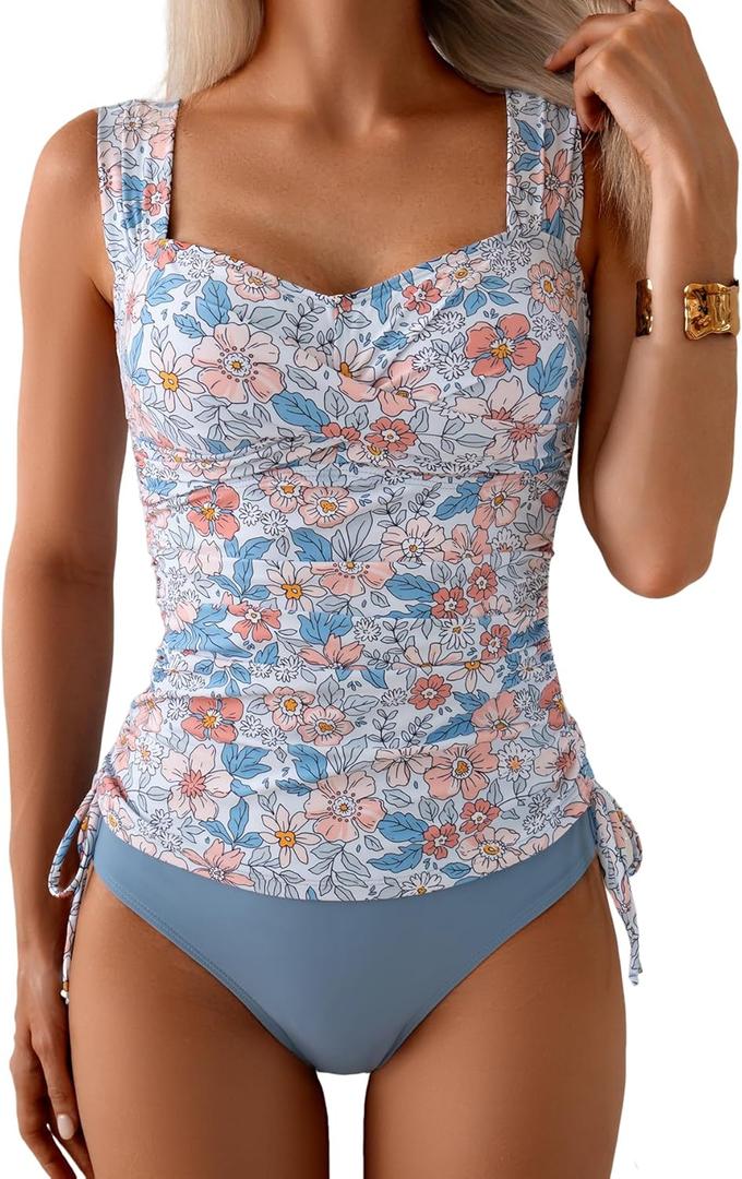 B2prity Tankini Swimsuits for Women Tummy Control Two Piece Bathing Suit High Waisted Wrap Swim Suit with Bottom Swimwear (Medium, Orange Flowers, Gray Blue)