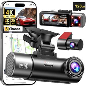 4K+2K+2K 3 Channel Dash Cam Front and Rear, 128GB Card Included, Dash Camera for Cars 5.8G/2.4G Dual Wifi, Built-in GPS, Night Vision, WDR, 170°Wide Angle, G-Sensor Emergency Lock, 24H Parking Monitor