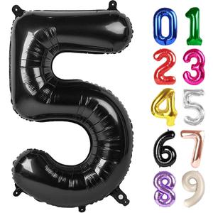 5 Balloon - Black Birthday Number Balloons, 40 Inch Large Foil Balloons for Men Women Boys Girs Black Themed Birthday Decorations