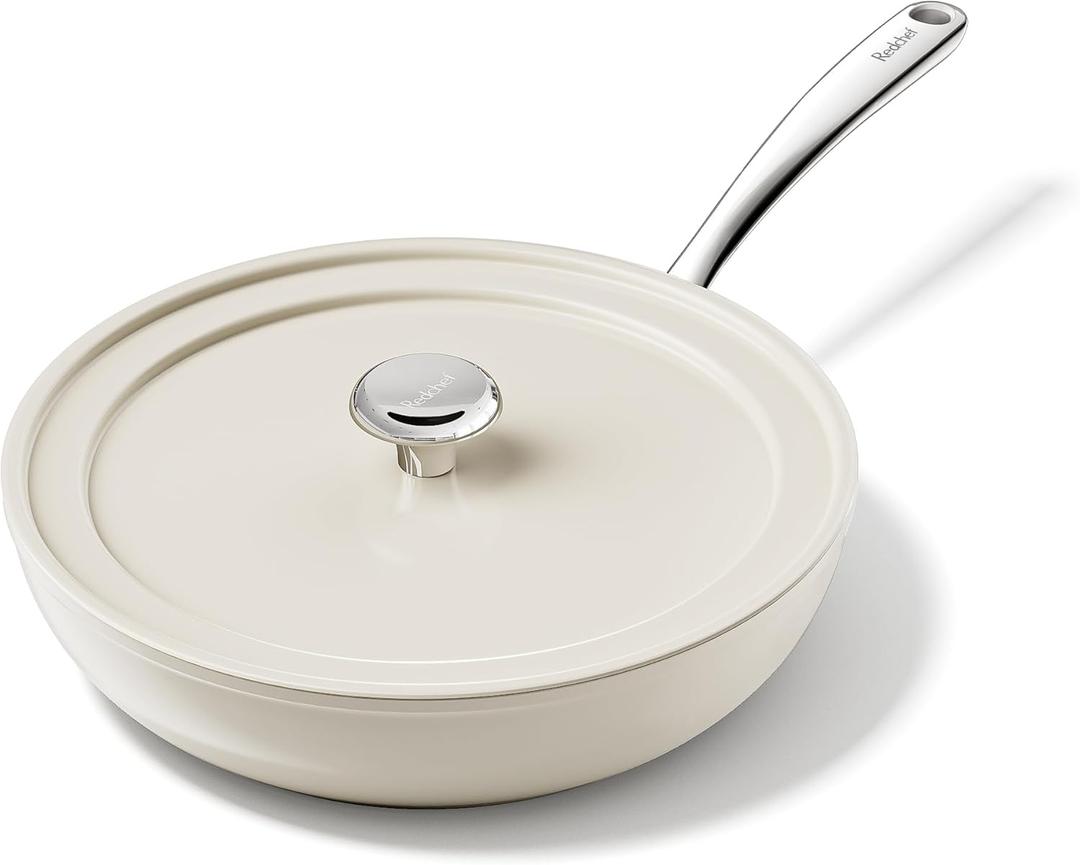 Redchef Ceramic Frying Pan with Lid, 11" Deep Saute Pan, 3.5QT Large Jumbo Cooker, Frying Pan Nonstick with Stay Cool Handle, Non Toxic Cooking Pan, Induction Dishwasher Safe, PFOA & PFAS Free(Beige)