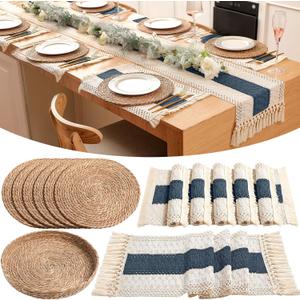 Boho Placemats 4/6/8 Set of Round Woven Placemat Macrame Style Bicolor Stitching Long Table Runner Farmhouse Rustic Natural Burlap Cotton for Kitchen Dining Table(6 Sets,Blue,12x72)