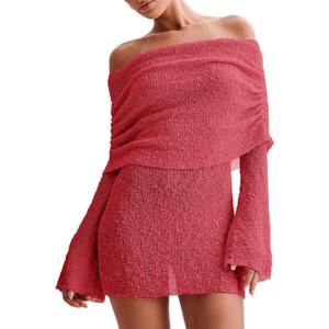 Imily Bela Womens Beach Swimsuit Cover Ups Summer Off The Shoulder Long Bell Sleeve Sheer Mini Dress (X-Small, Red)
