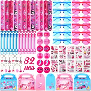 82 Pcs Hot Pink Princess Party Favors Kit Pink Princess Party Supplies Includes Girl Keychains Stickers Bracelets Bubble Waters Sunglasses Button Badge Gift Box