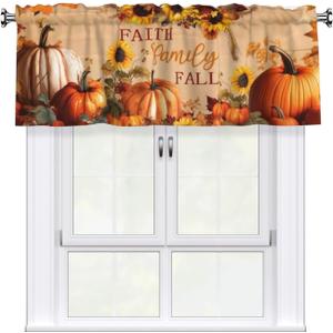 Miaoquhe Fall Thanksgiving Valance for Window 54"x18" Faith Family Fall Pumpkin Sunflower Curtain for Bedroom, Vintage Small Window Treatment Rod Pocket Valance for Kitchen Living Room Decor