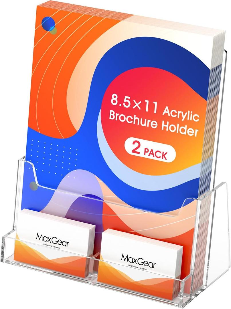 MaxGear 8.5x11 inch Brochure Holder, 2 Pack Acrylic Display Stand with Business Card Slot, Countertop Literature, Flyer, Trifold, Pamphlet, Booklet Menu Organizer