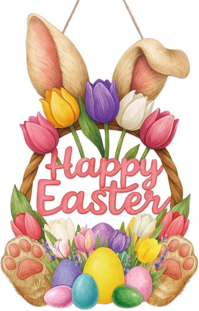 Yinkin Happy Easter Door Decoration Easter Wreaths for Front Door Bunny Floral Bucket Hanging Sign Welcome Wood Sign Wall Hanging Eggs Plaque Decoration for Shop Garden Home Party Supplies(Bunny Ear)