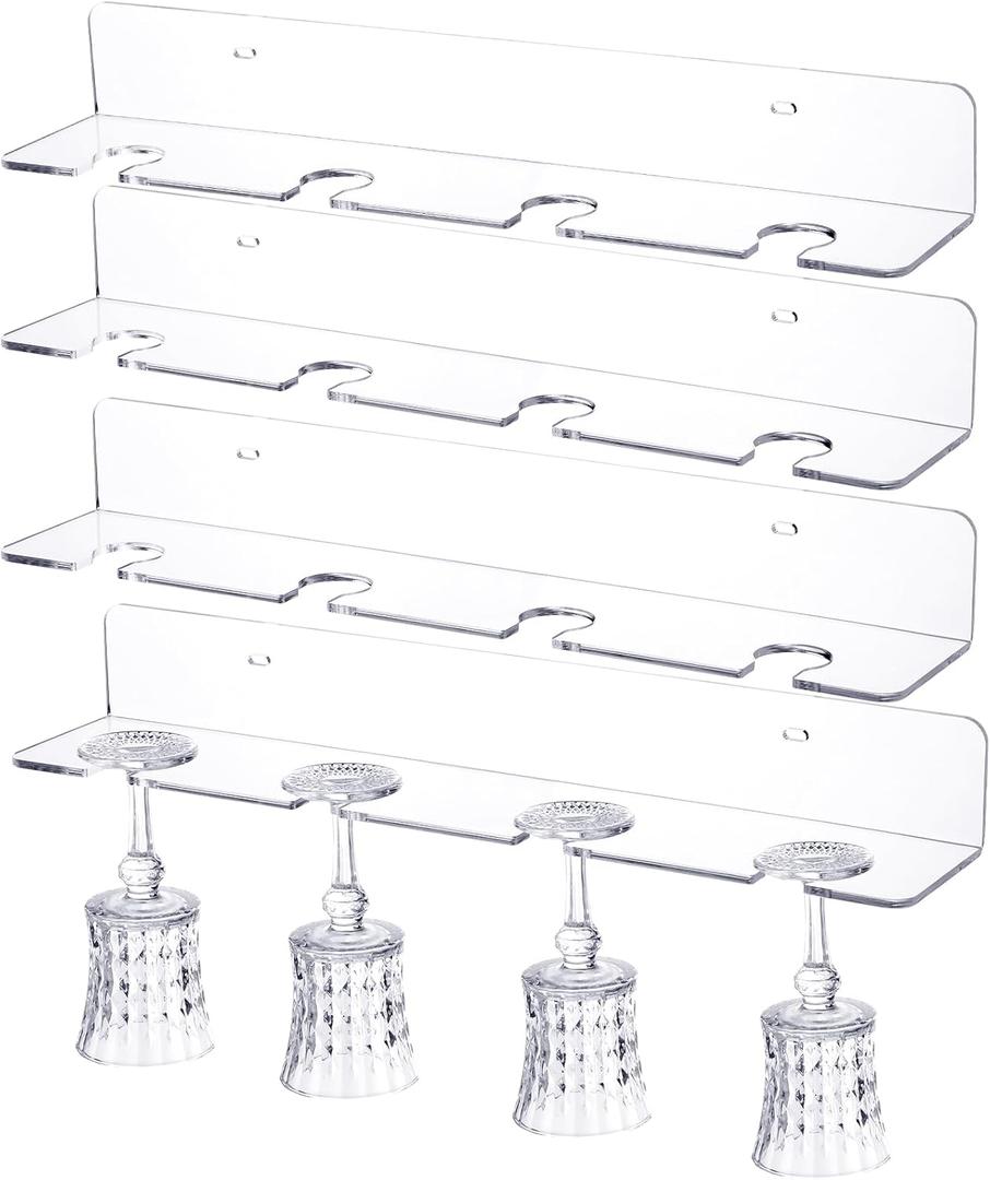 Barydat 4 Pcs Acrylic Champagne Wall Holder Clear Wine Glass Rack Wall Mounted Hanging Champagne Flute Display Stand for Home Bar Party Supplies (16")