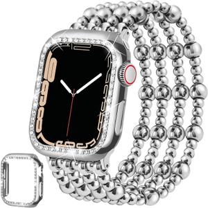 Stainless Steel Beaded Bracelet & Case for Apple Watch Band 40mm, 38mm, 41mm Women, Handmade Dressy Cute iPhone Watch Bands Stretchy Fashion Straps for iWatch Series 9 8 7 6 5 4 3 2 1 SE (A-Silver Band + Silver Case (No Screen Protector))