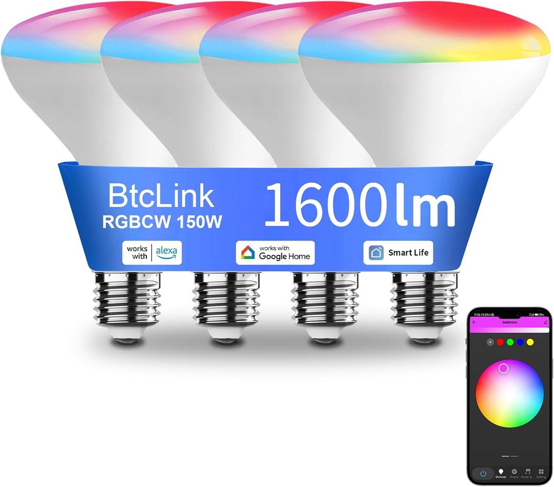 Smart Light Bulbs, 1600 Lumens Dimmable BR30 Bulbs, RGBWW Color Light Bulb, Flood Light Bulbs Compatible with Alexa, Google Assistant, WiFi & Bluetooth LED Bulbs, Music Sync,16W 4 Pack