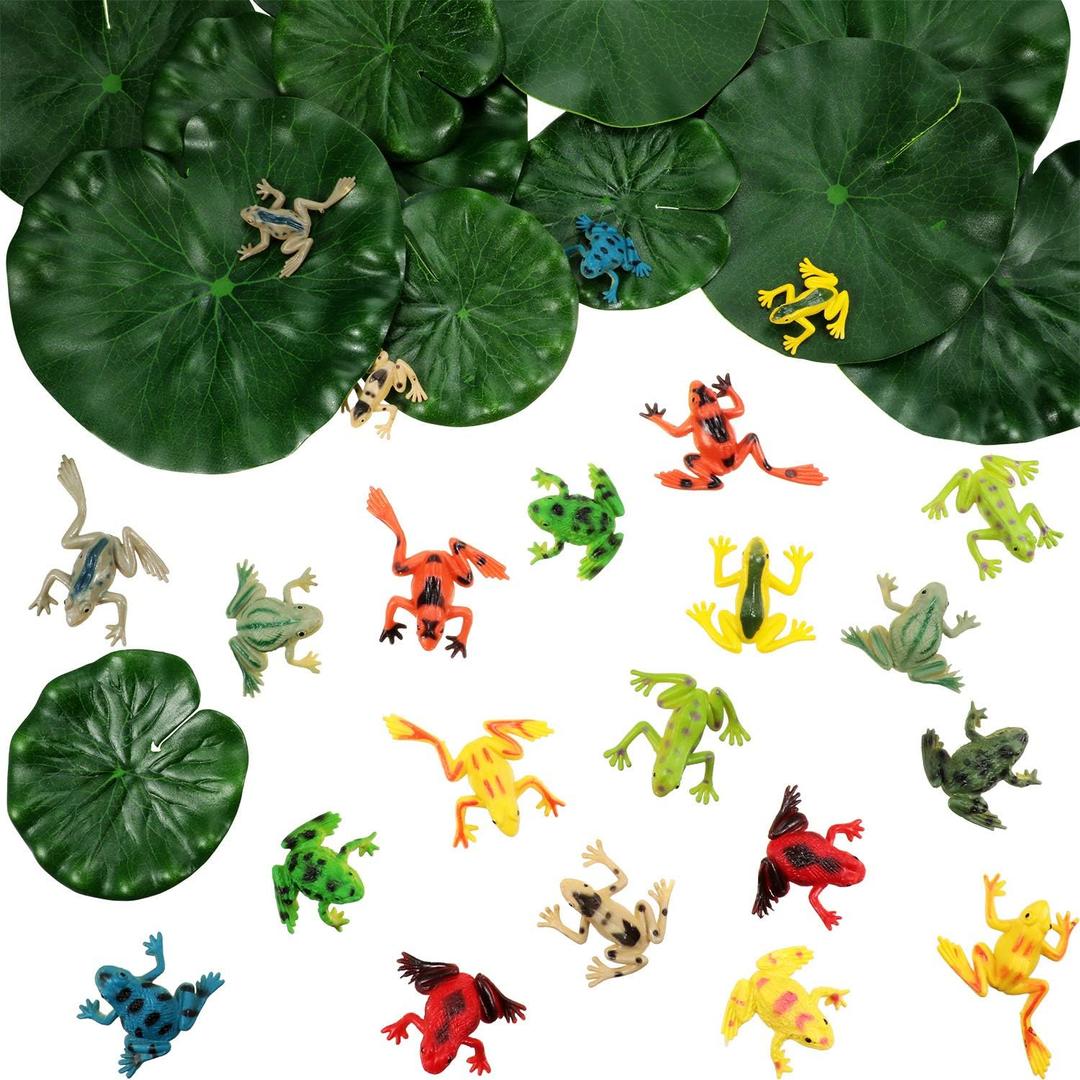 Gejoy 36 Pieces Plastic Frogs Set Includes 24 Pieces Tiny Plastic Frog and 12 Pieces Artificial Floating Lotus Leaves for Pond Pool Decoration Party Supplies
