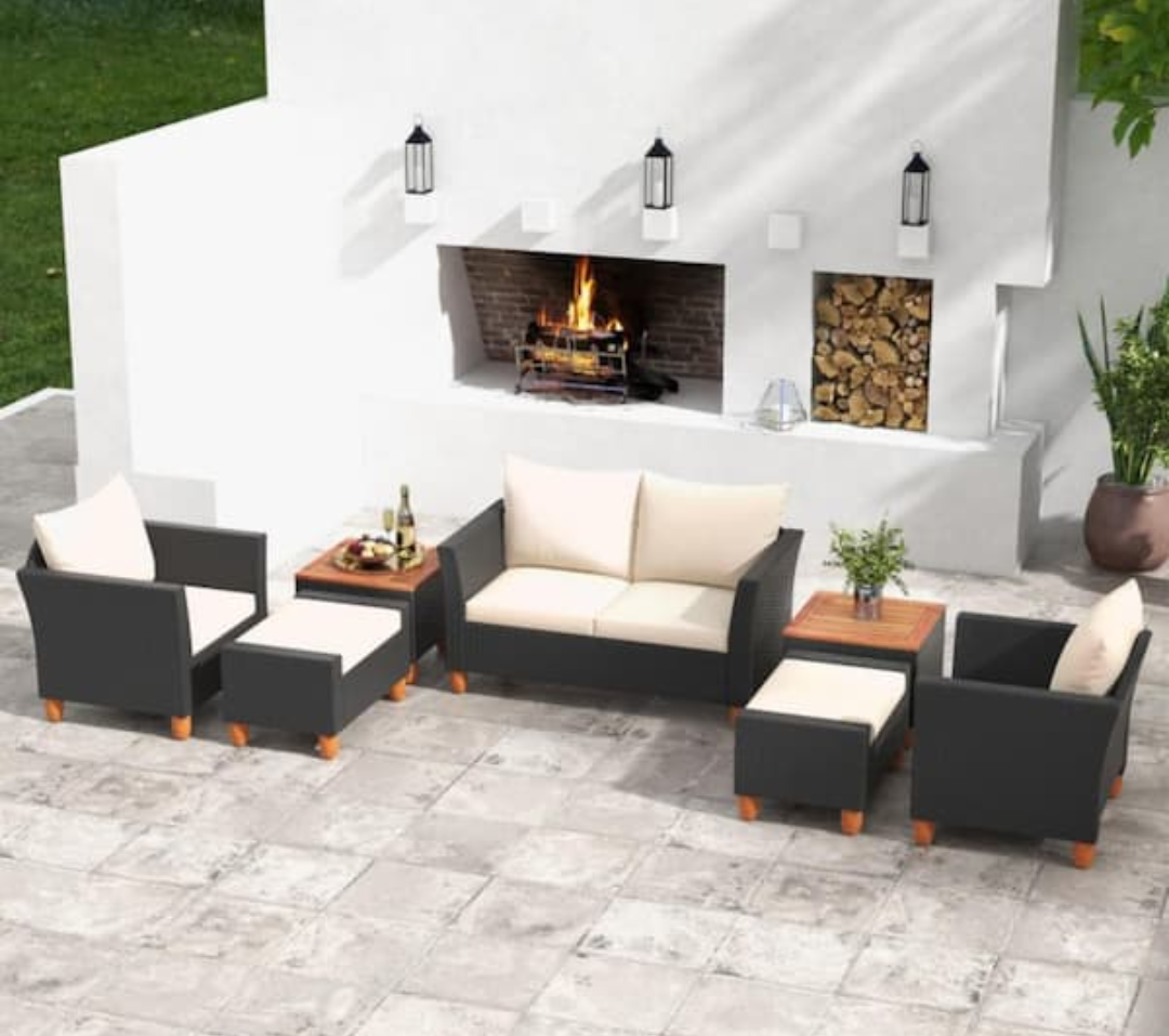 Black 7-Piece Wicker Outdoor Sectional Set with White Cushions