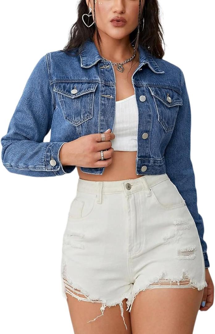 Cropped Jean Jacket for Women Long Sleeve Classic Casual Crop Top Denim Jackets Coat (Medium, Blue)