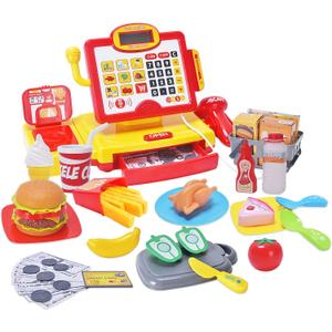 FS Pretend Play Cash Register Toy with True Barcode Scanner & Calculator, Microphone, Play Food, Supermarket Cashier, Great Pre-School Gift Cash Register for Kids Boys & Girls, Ages 3 4 5 6 8
