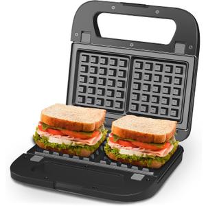 3 in 1 Electric Sandwich Maker, Panini Press Grill and Waffle Iron Set, Grill and Sandwich Press with Removable Non-Stick Plates, Indicator Lights & Cool Touch Handle, 750W, Black (Large)