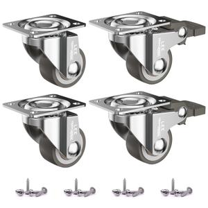 1" Low Profile Casters Wheels for Furniture Small casters Soft Rubber Caster Swivel with Locking Top Plate Castors 110 Lbs Load Capacity Casters Set of 4 Rolling Smooth (2 with Brake and 2 Without)