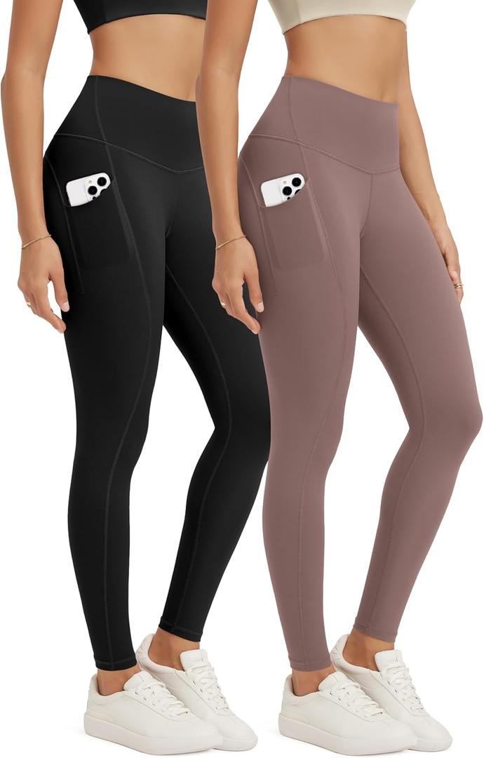 ODODOS 2-Pack Full Length High Waist Workout Leggings with Pockets for Women, 28" Tummy Control Athletic Yoga Pants, Black+Purple Taupe, X-Large (XL)