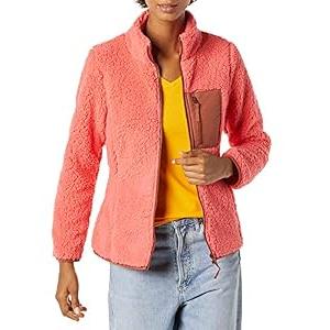 Amazon Essentials Women's Sherpa Long-Sleeve Mock Neck Full-Zip Jacket with Woven Trim,  Brown Coral Pink Color Block, XX-Large
