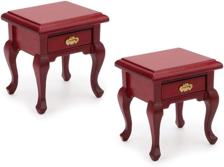 Miniature End Table 2PCS Dollhouse Furniture 1:12 Accessories Wooden BedroomNightstand Set of 2 Vintage Table Living Room Scene Bedroom Bedsides HouseModel Decoration (Red)