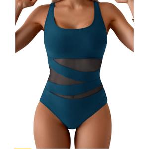 B2prity Women's Mesh One Piece Swimsuit Tummy Control Sexy Bathing Suit Push Up Swim Suit Slimming Swimwear M