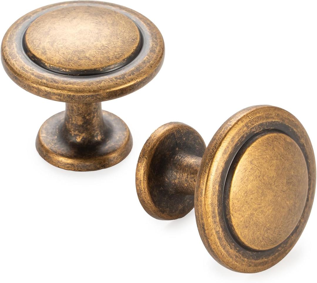KOOFIZO Stepped Round Cabinet Knob - Antique Brass Pull Handle (Dia.31mm / 1.2 Inch), 10-Pack for Kitchen Cupboard Door, Bedroom Dresser Drawer, Bathroom Wardrobe Hardware