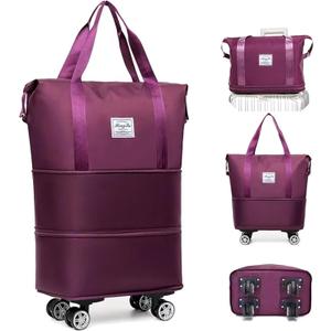 Expandable Foldable Duffel Bag with Detachable Rolling Wheels, Large Carry-On Luggage for Travel, Gym, Camping, Shopping, Business Trip (Purple)