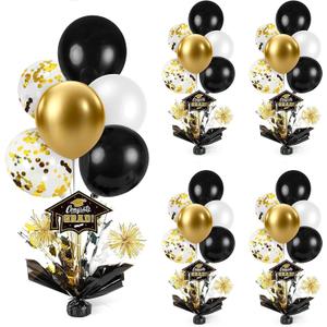 4 PCS Graduation Centerpieces for Tables Balloons Stand Holder Kit College Graduation Decorations 2026 Metallic Glitter Foil Balloon for Graduation Party Decorations Prom Decor(4, Black Gold)