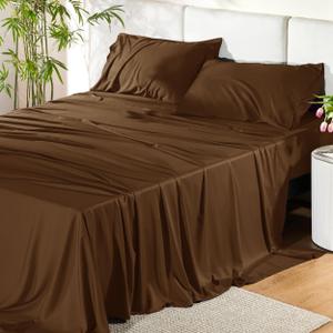 Bedsure Cooling Sheets Twin XL, Rayon Derived from Bamboo, PureWoven, Breathable & Soft Twin XL Sheet Sets, Deep Pocket Up to 16 Inches, Hotel Luxury Silky Dorm Bedding for Hot Sleepers, Brown