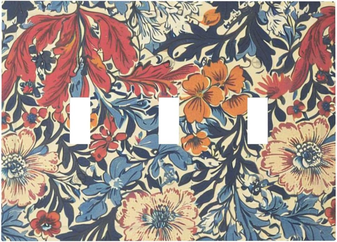 William Morris Floral 3-Gang Toggle Light Switch Cover Abstract Retro Mid Century Boho Flowers Plant Jumbo Triple Decorative Switch Wall Plate for Kitchen, Hallway & Multi-Device Homes,Triple Toggle, William Morris Flowers