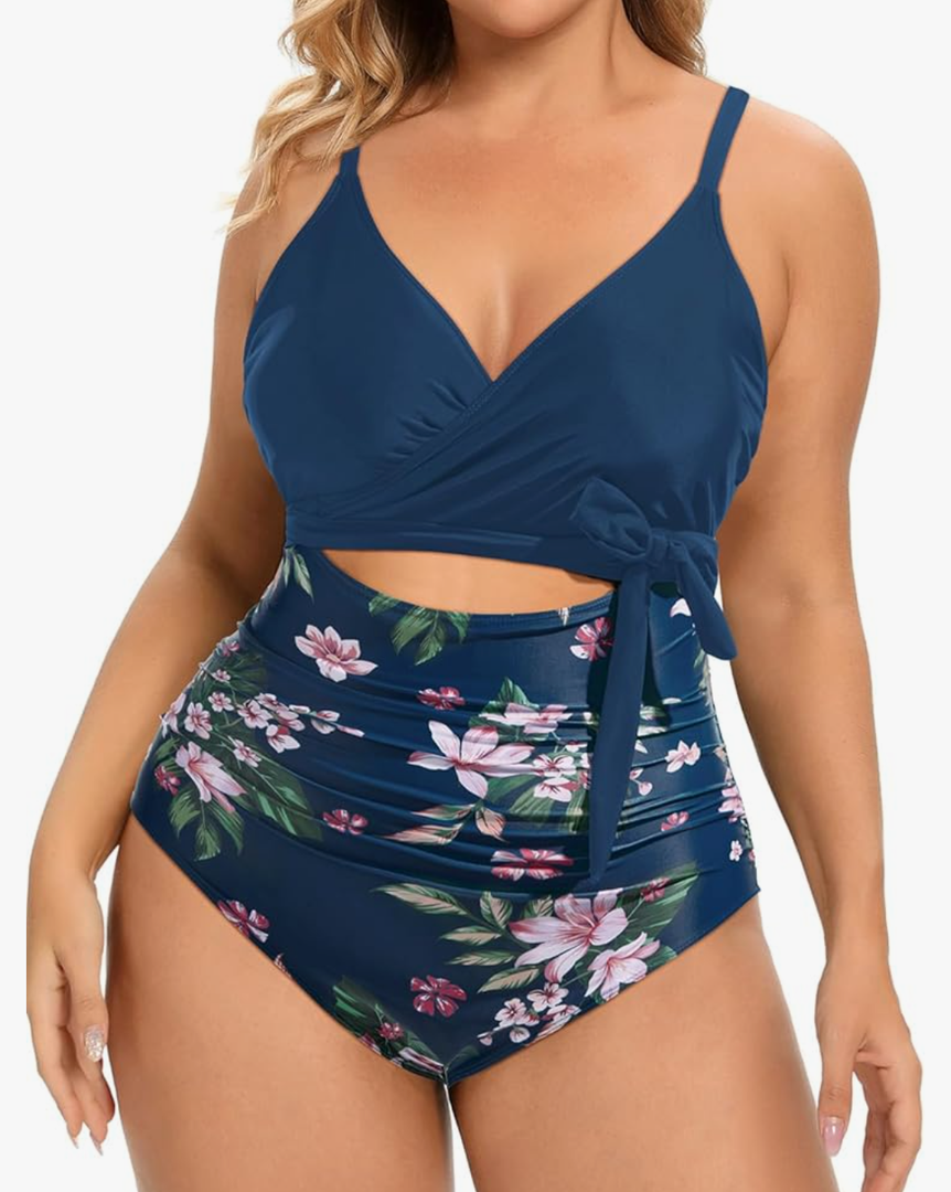 Daci Plus Size One Piece Swimsuit - Tummy Control Bathing Suit for Women Cutout Swimwear 16W, Blue Floral 