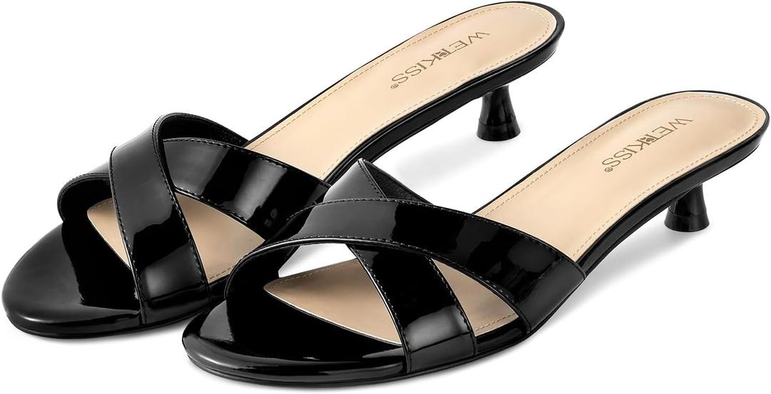 wetkiss Womens Heeled Sandals Open Round Toe Slip on Kitten Heel Mules Low Heel Slide Sandals for Women Cross Strap Backless Mule Flats Comfortable Summer Dress Heels (8, Patent Black)